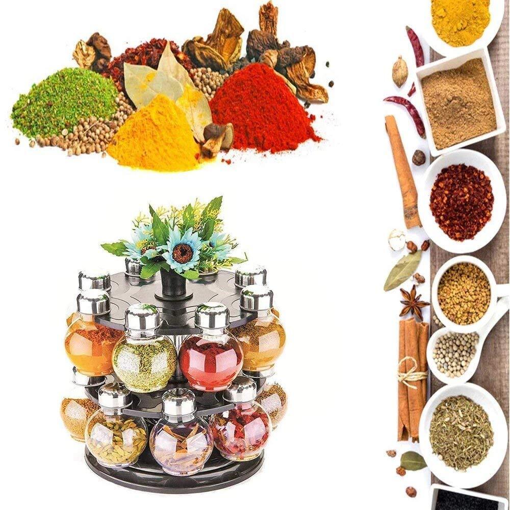 Revolving spice rack with 16 transparent jars, showcasing organized spices.