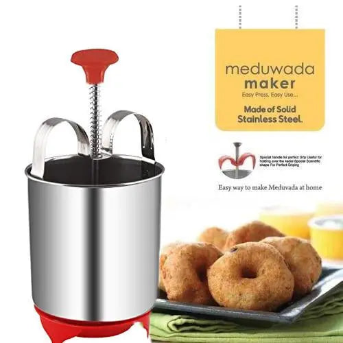 Angled perspective of the durable stainless steel vada maker.