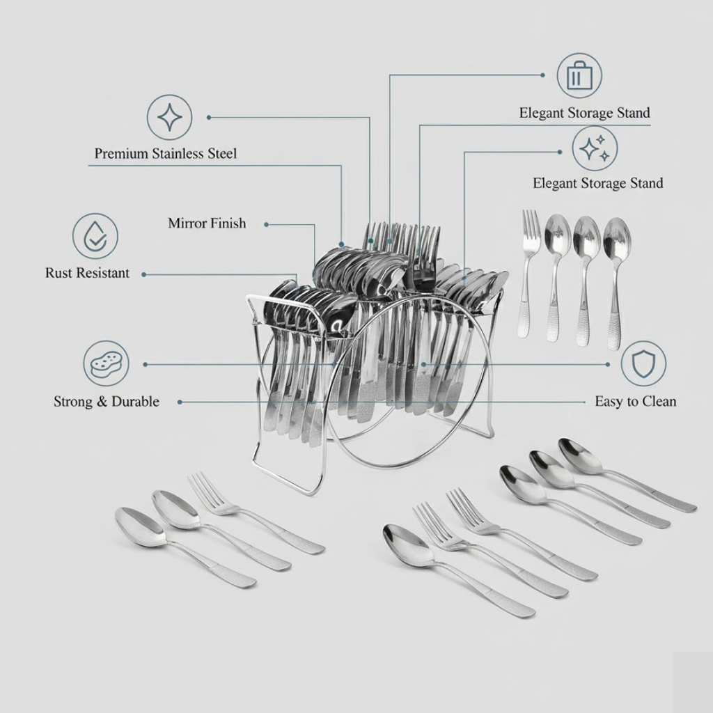 Close-up of spoons and forks from stainless steel cutlery set with mirror finish