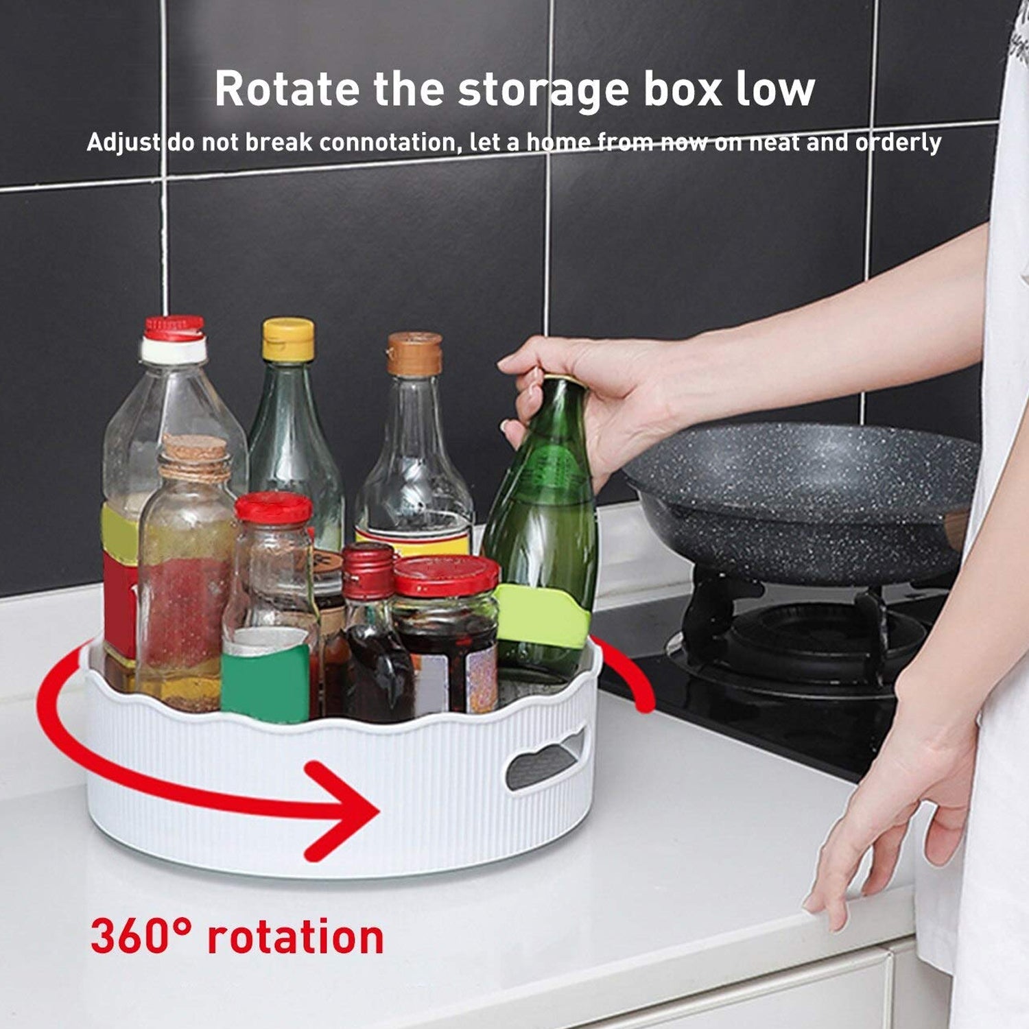 Kitchen organizer with a revolving tray in active use, holding sauces.