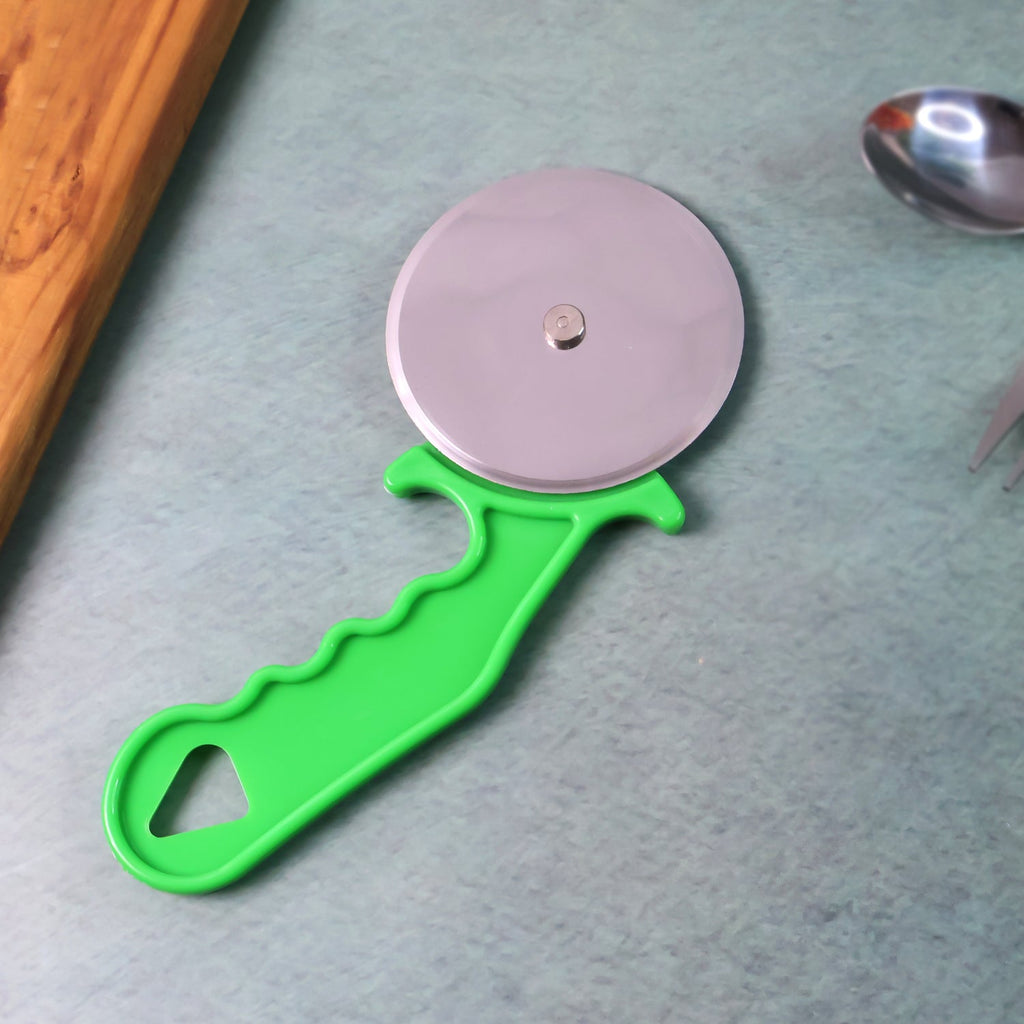 Top-down shot of the durable Quickslice pizza cutter, ready for use in the kitchen.