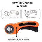 Heavy duty 45mm rotary cutter showing sharp blade and safety lock