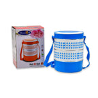 Blue insulated tiffin set with three containers displayed.