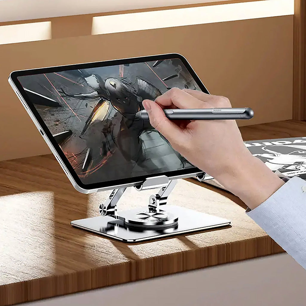 Ergonomic adjustable laptop stand set at a comfortable viewing height.
