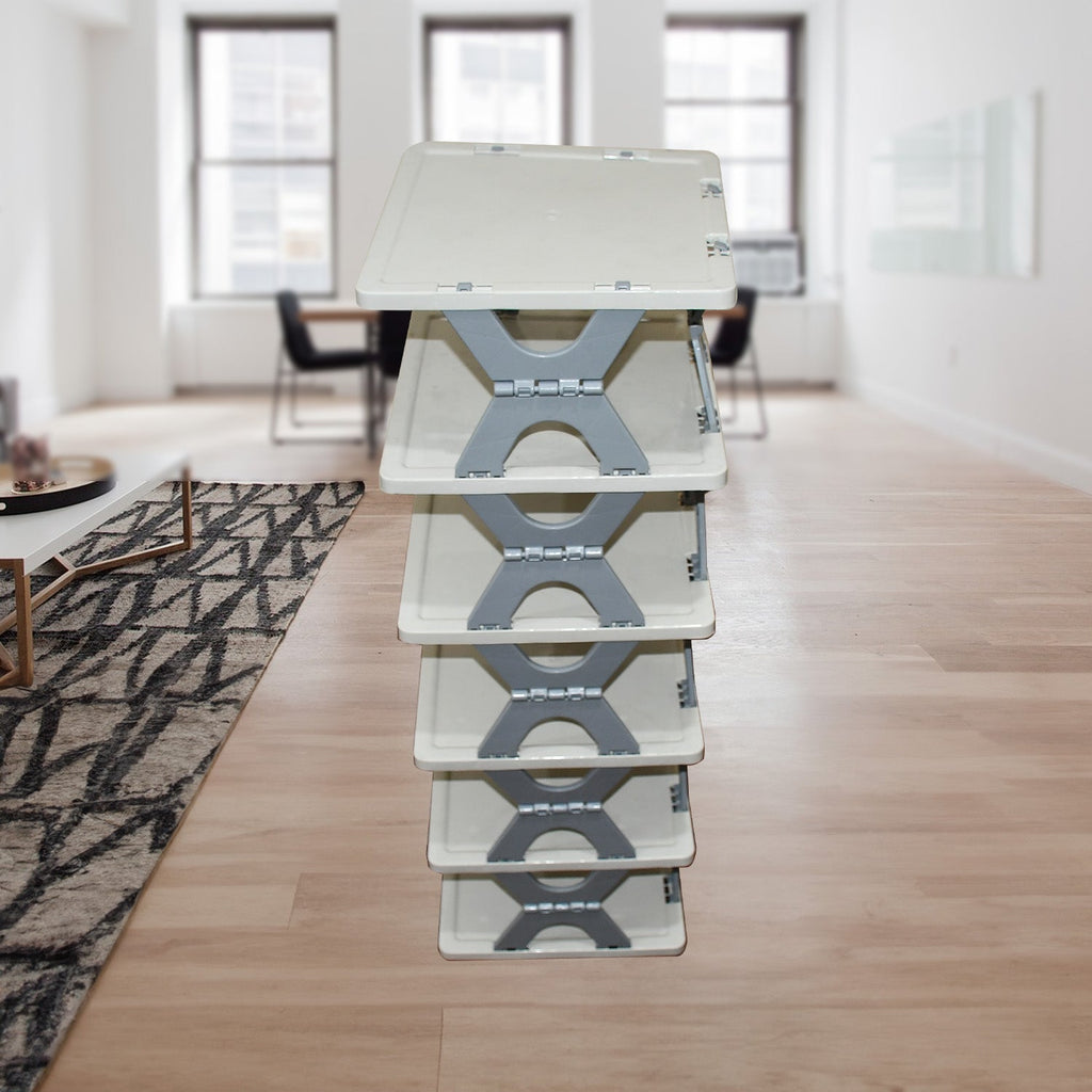 Visual comparison of the 6-layer foldable shoe rack in use.