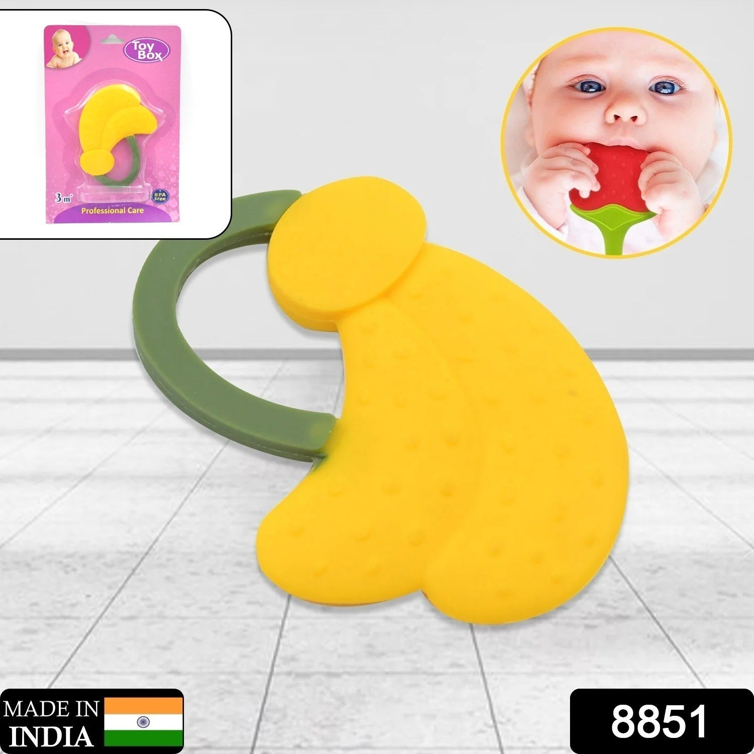 An infant playing with the soft Baby Silicone Teether, demonstrating its easy-to-grasp handle.
