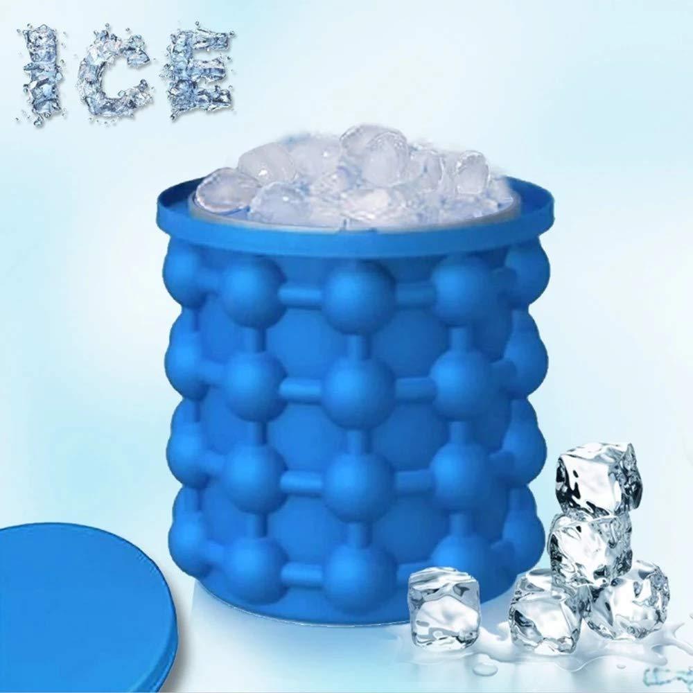 Ice cubes easily popping out of the flexible silicone ice tray into the storage bucket.