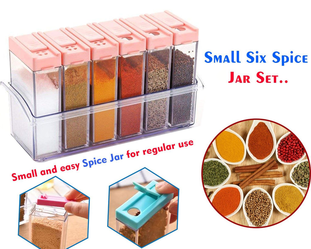 Detailed close-up of the multicolour plastic spice jars.