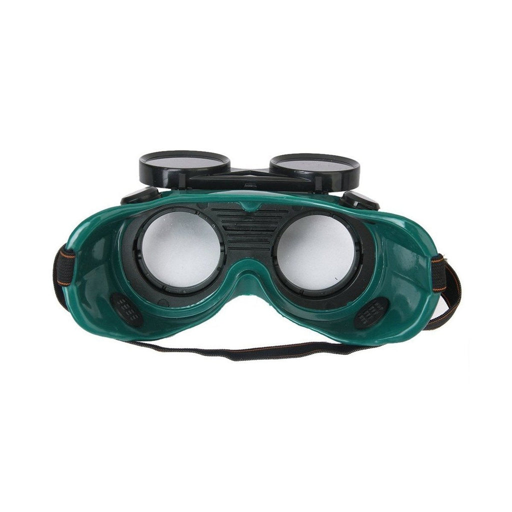 Side view of dark green welding safety goggles, highlighting the comfortable PVC frame.
