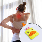Yellow duck hot water bag keeping hands warm on a cold day.