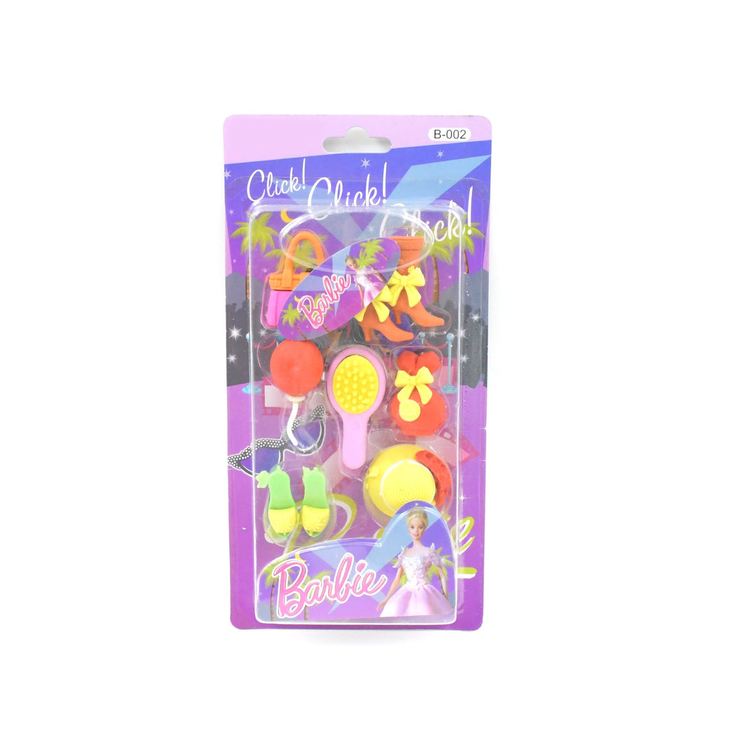 Close-up of cute erasers showing detailed designs like a cake, ice cream, and an animal.