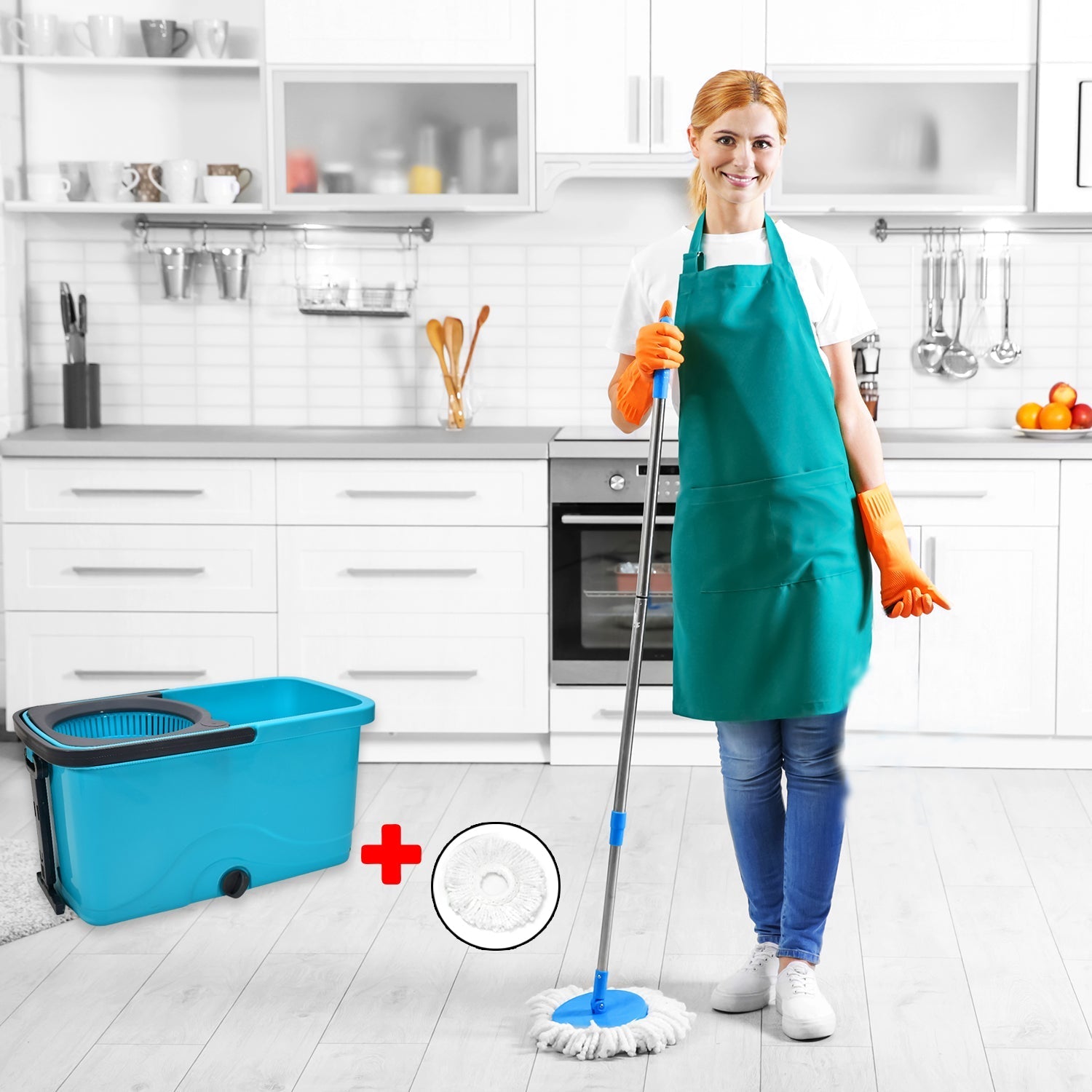 Spin mop with large bucket and easy wheels for floor cleaning.