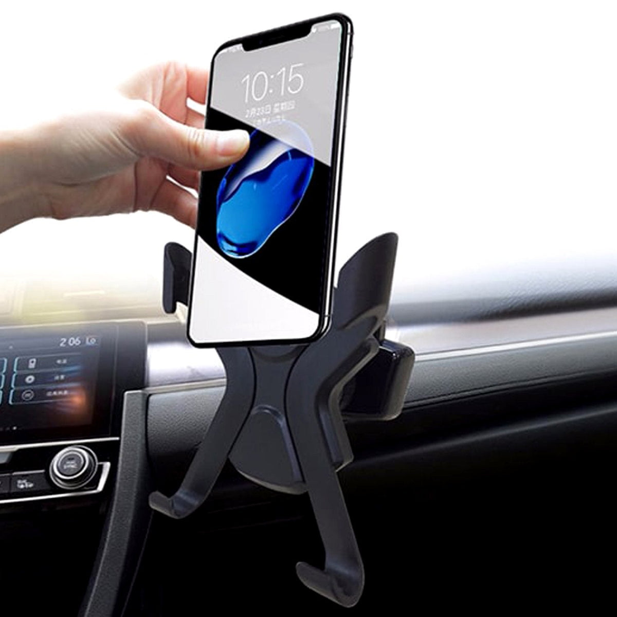 A dual-pack of black car phone holders securely mounted on an air vent.
