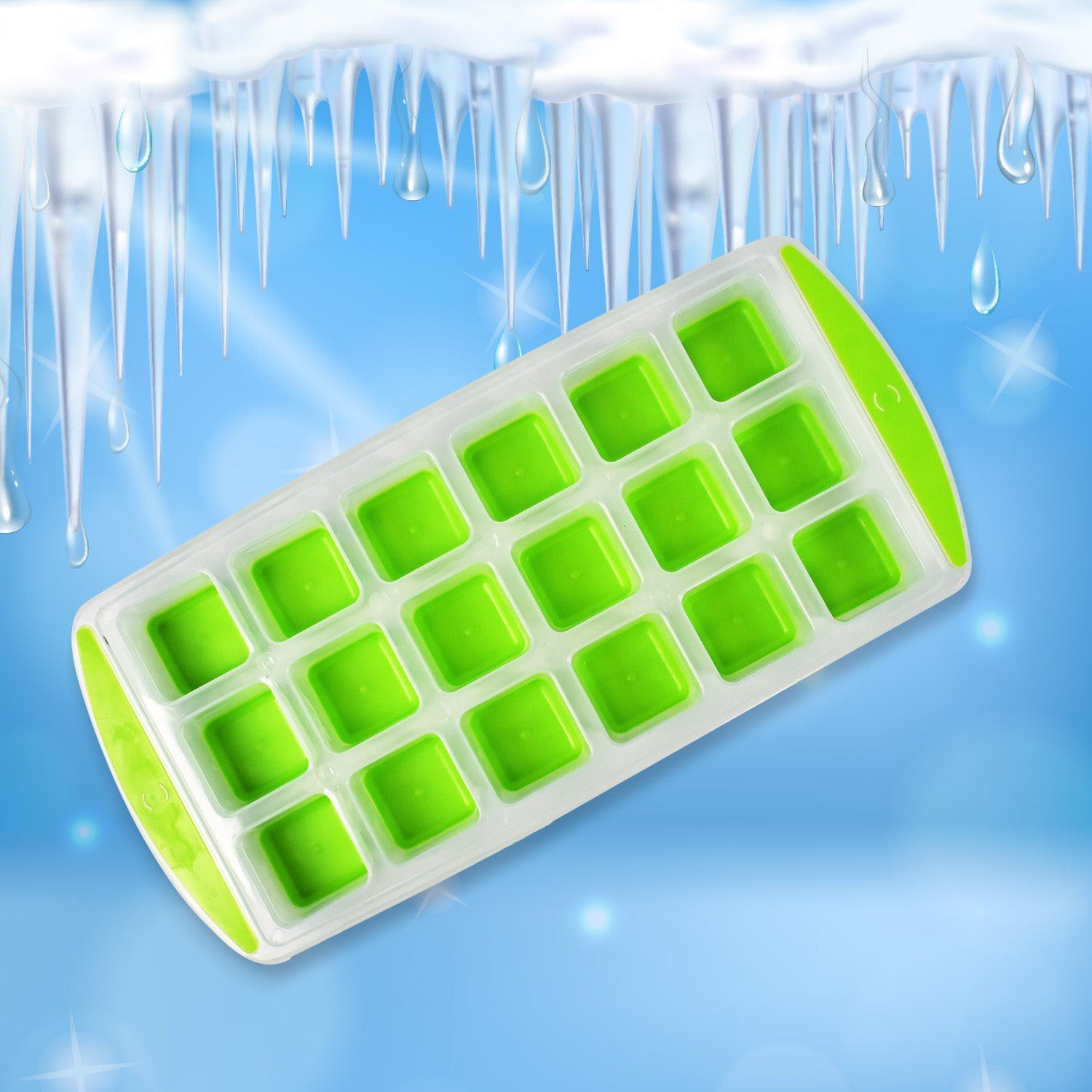 Top-down view of an 18-cavity silicone ice cube tray, ready to be filled with water.