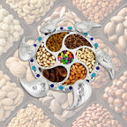 Rotating Dry Fruit Tray with 7 compartments, elegantly filled with Indian snacks.