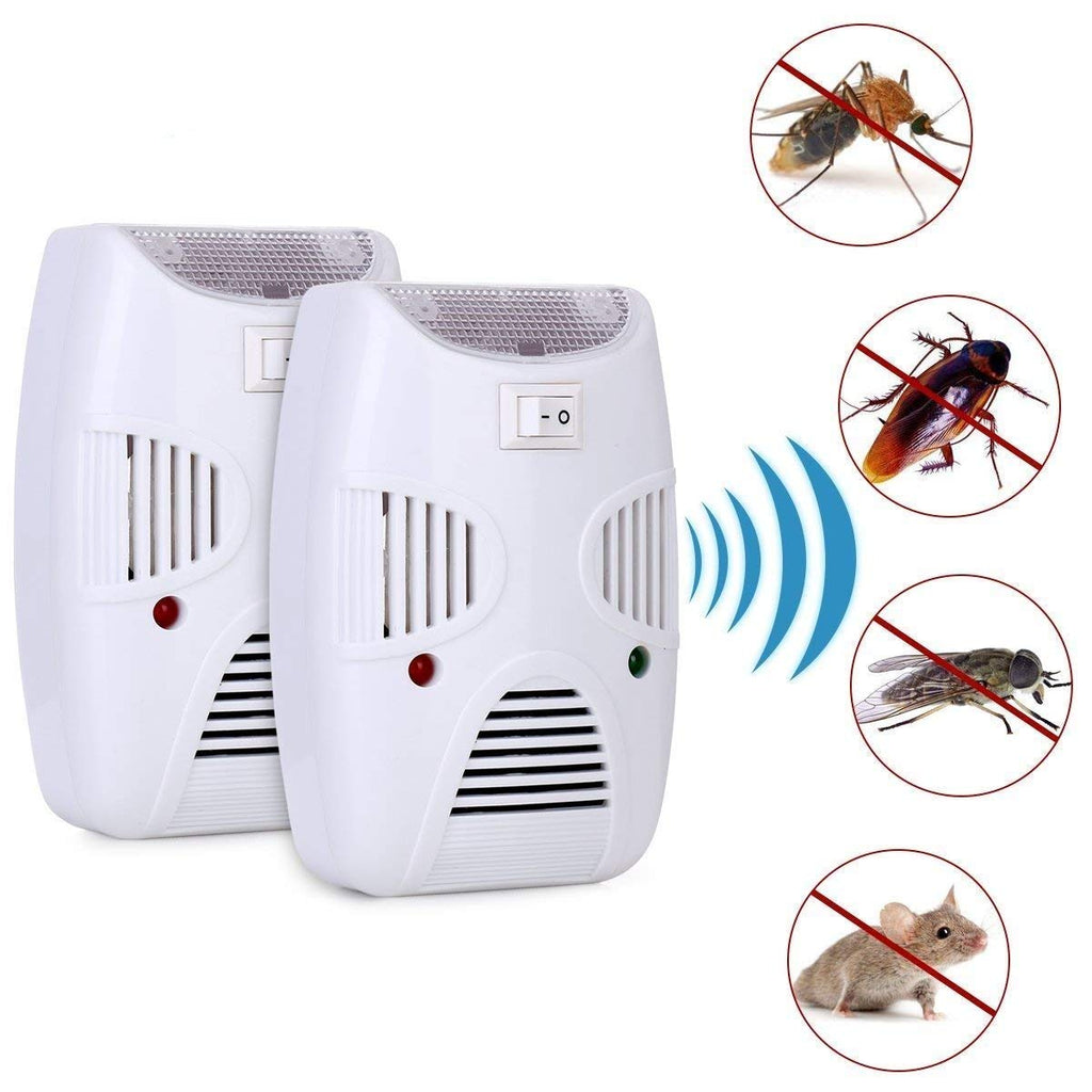 Compact white ultrasonic pest repeller plugged into an electrical outlet.