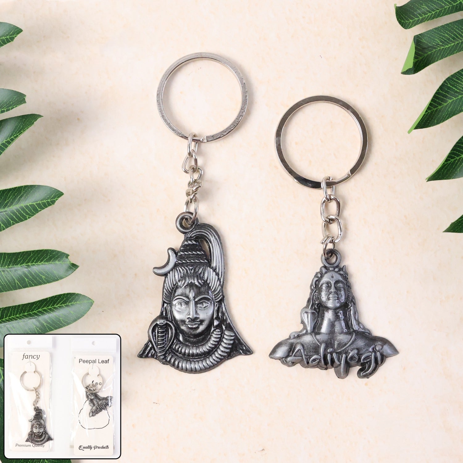 Two-piece Lord Shiva metal keychain set with antique finish