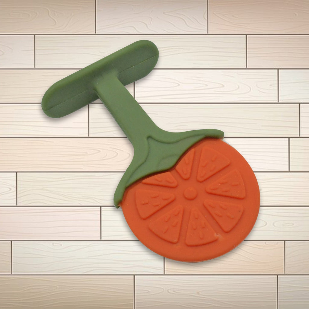 Soft fruit-shaped BPA-free Baby Silicone Teether, safe for baby gums.