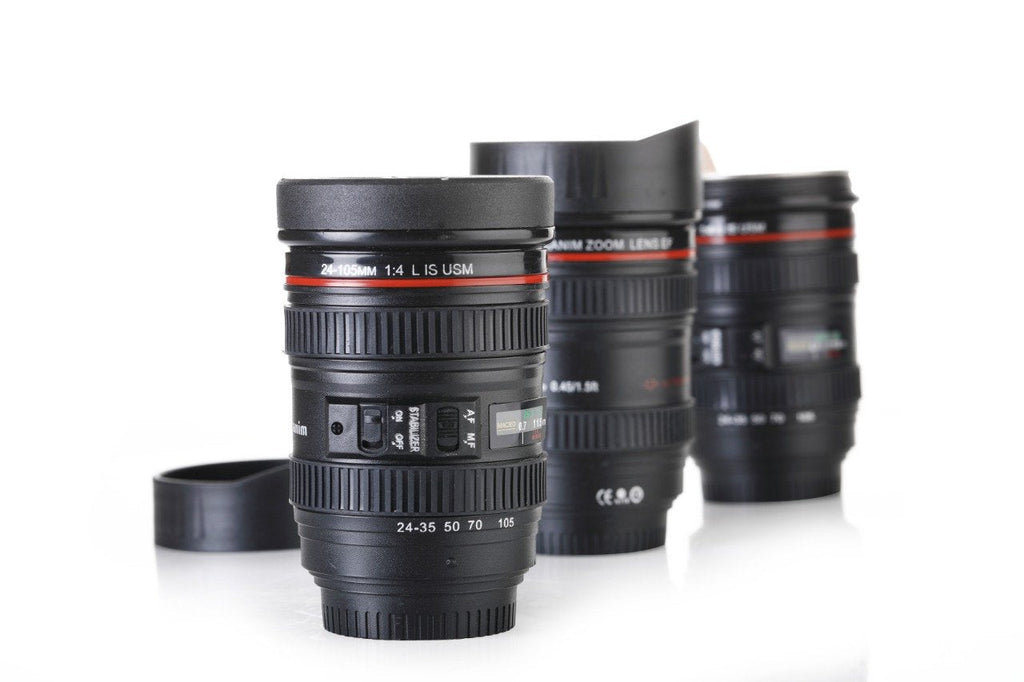 Close-up of the camera lens coffee mug with its secure, spill-proof lid.