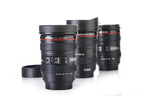 Close-up of the camera lens coffee mug with its secure, spill-proof lid.