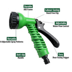 Adjustable plastic garden hose nozzle showing multiple spray patterns.