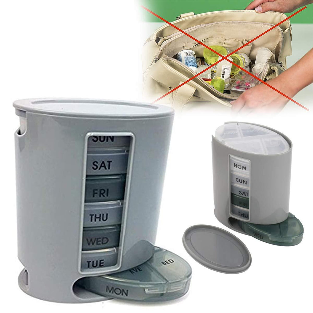 A white 7-day pill organizer with all seven daily trays stacked, showing weekly compartments.