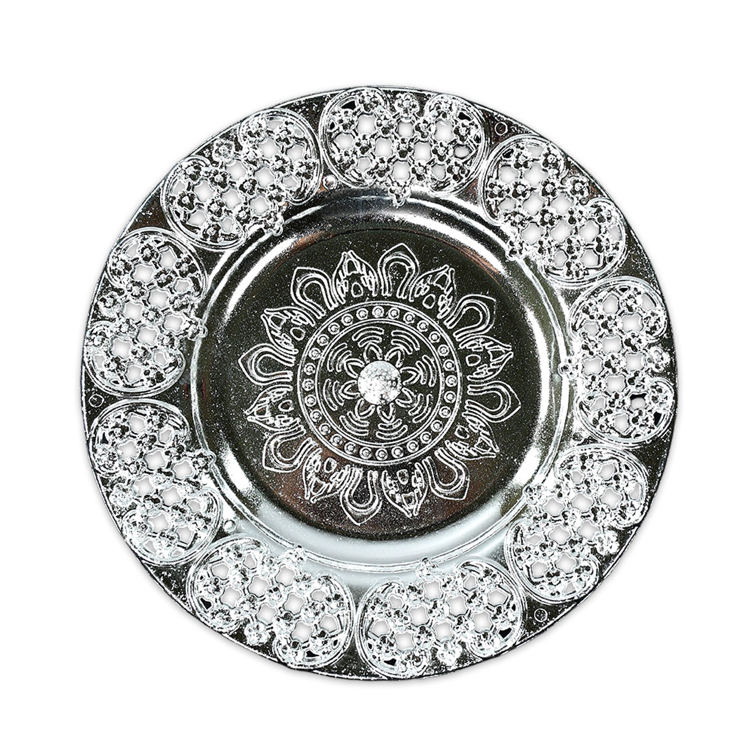 Decorative silver-color Aarti Thali, perfect for daily prayers.