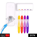 Wall-mounted toothbrush holder securely holding multiple toothbrushes next to the toothpaste dispenser.