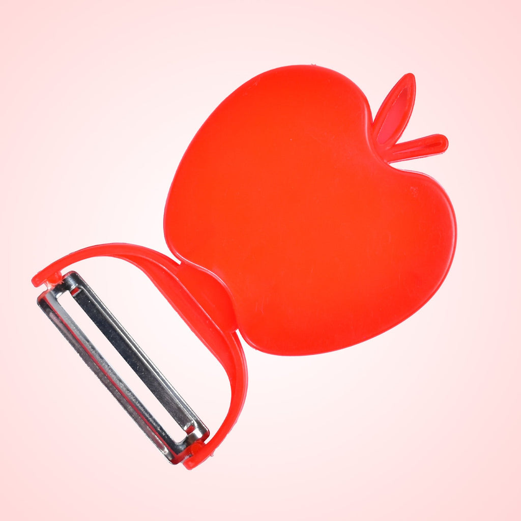 Side view of the ergonomic handle on the apple shaped peeler.