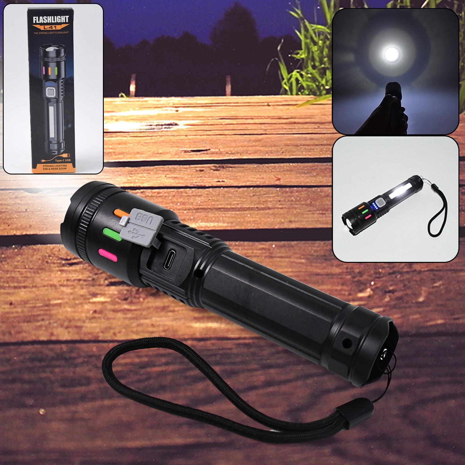 USB rechargeable LED flashlight with adjustable zoom and high brightness beam