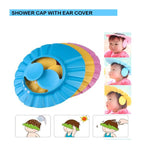 Multi-color adjustable shower caps displayed for babies and toddlers.