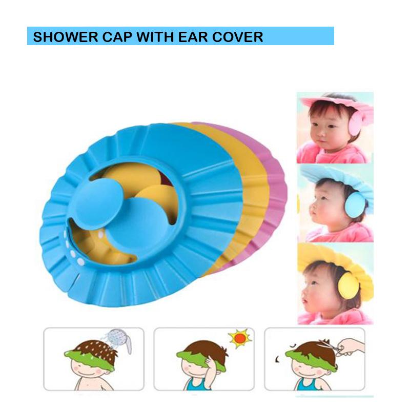 Multi-color adjustable shower caps displayed for babies and toddlers.