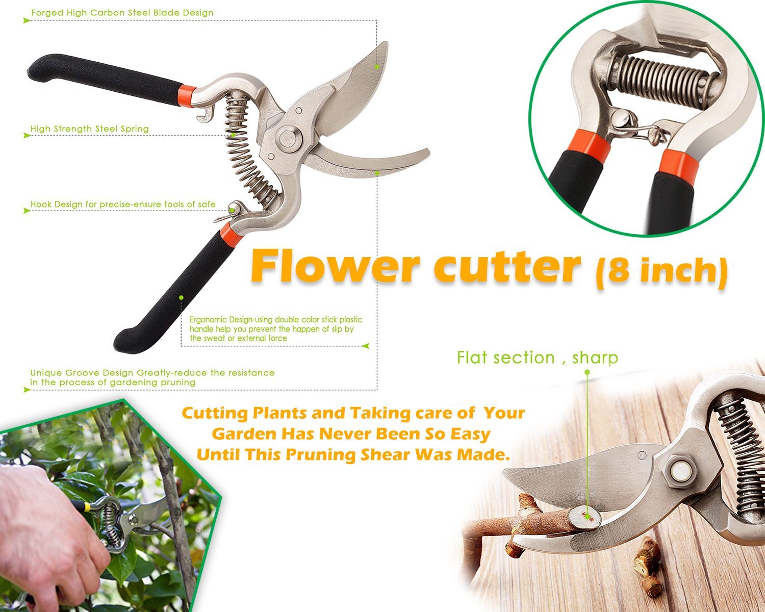 Sharp pruning shears with stainless steel bypass blades.
