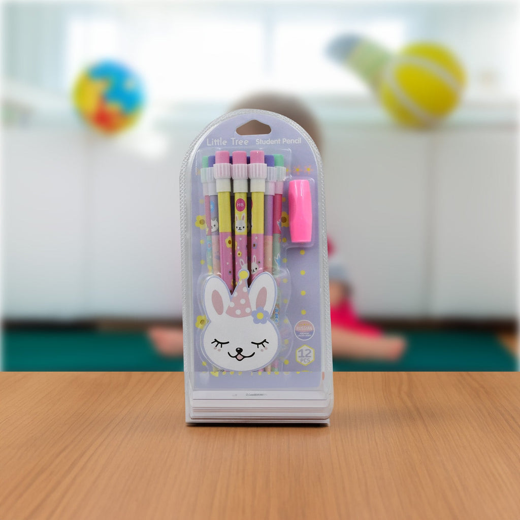 The cute rabbit and bear pencils arranged creatively, highlighting their vibrant colors.