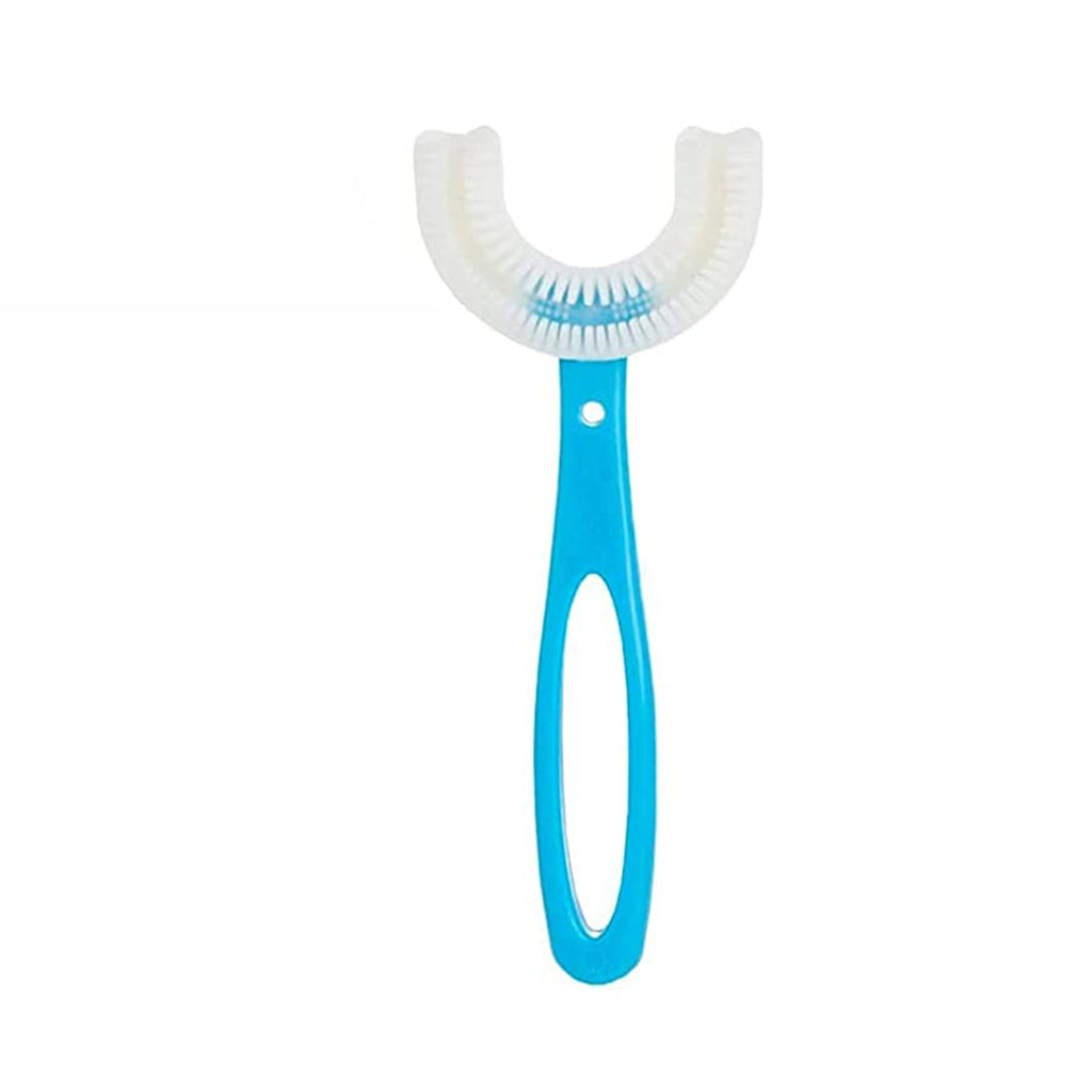 Two colourful U-shaped toothbrushes designed for children aged 2-6 years.
