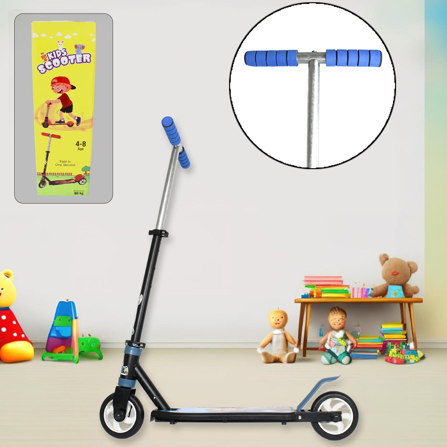 Side view of a multicolor kids 2-wheel scooter with foldable design.