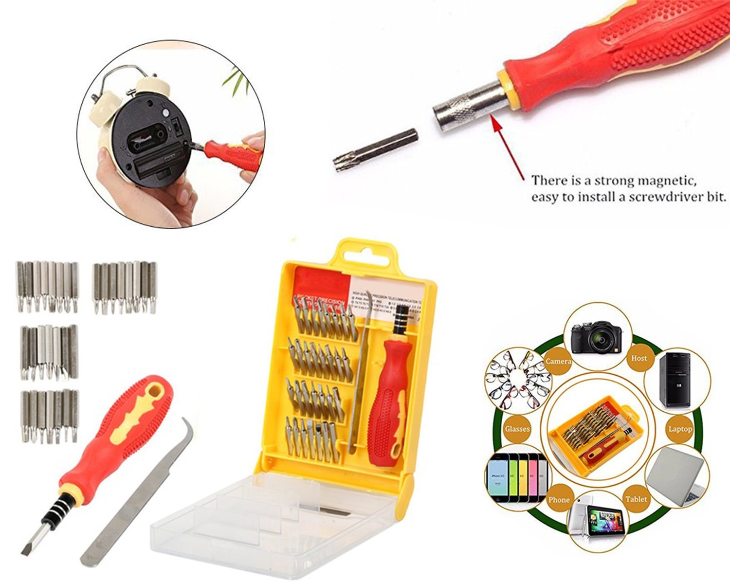 Screwdriver set with an organized magnetic holder, showing the flexible shaft.