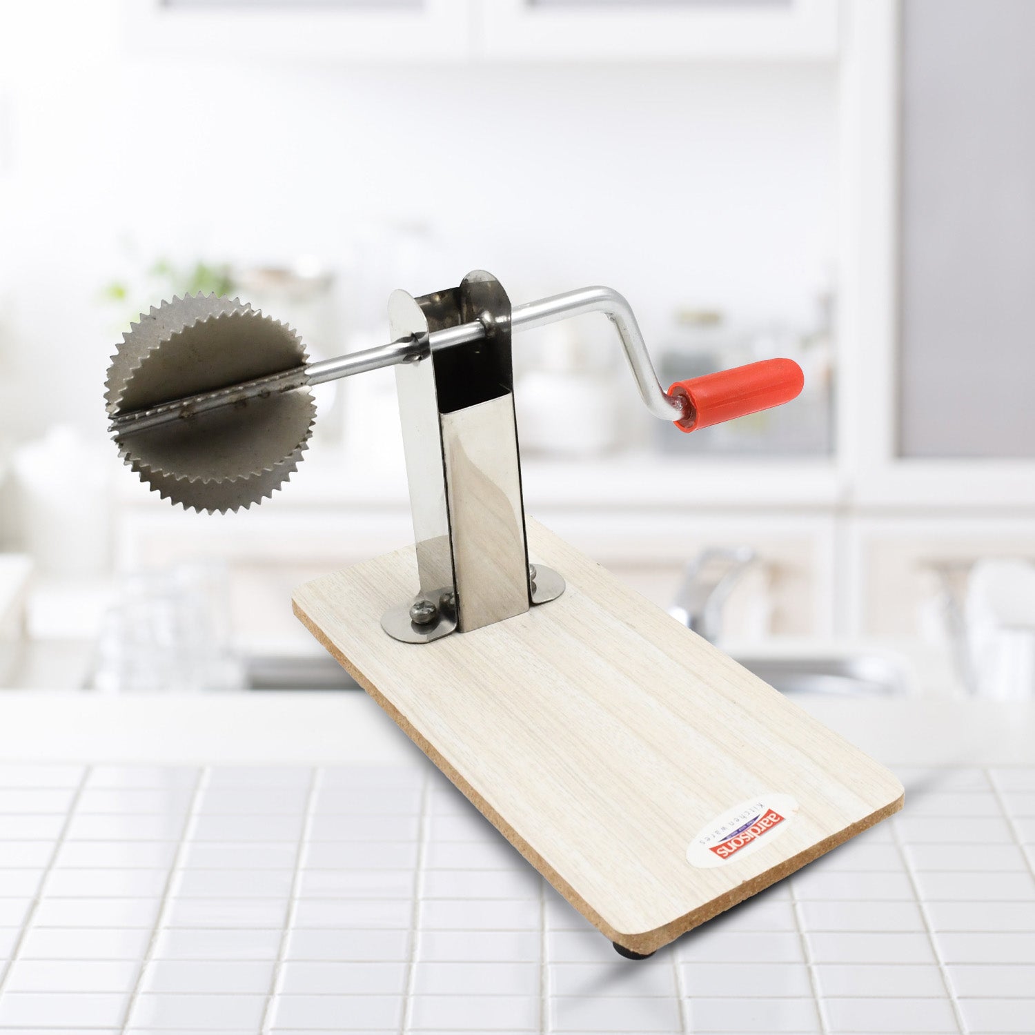 Detail of the Quickslice coconut scraper's sturdy wooden base for stable grip.