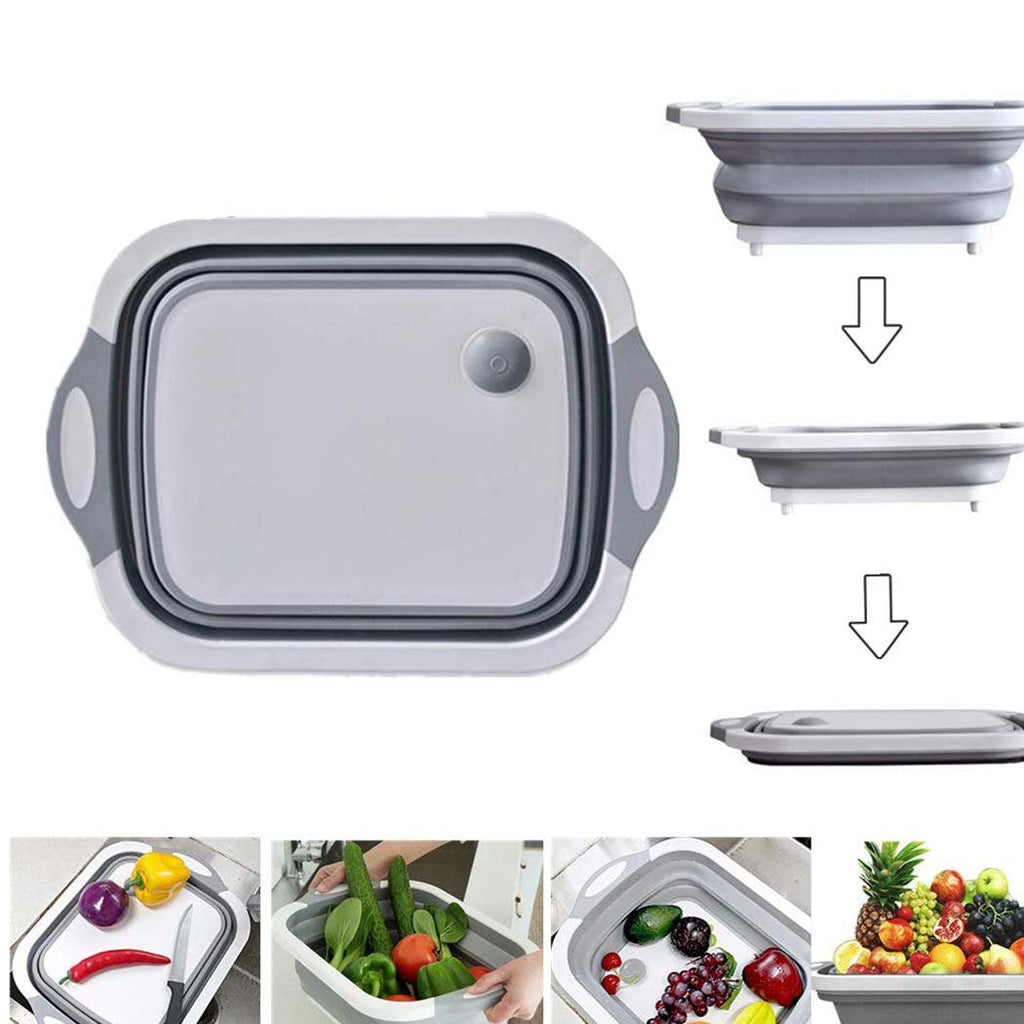 Multi-function foldable chopping board in use for washing vegetables.