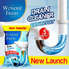 Close-up of the Wonder Fresh 50 gram pack of drain cleaner powder.