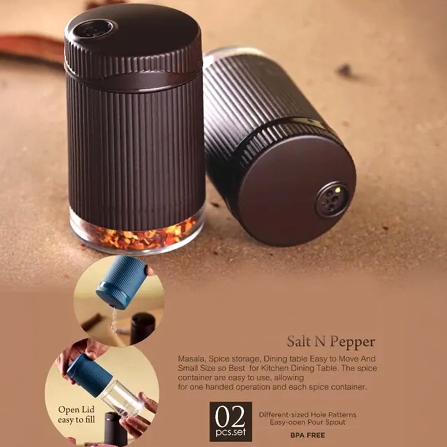 Salt and pepper dispensers placed on kitchen counter showcasing compact design
