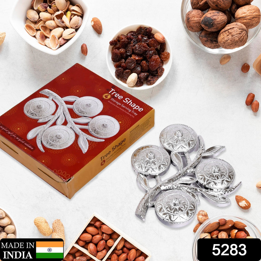 Top-down view of the 4-compartment dry fruit box filled with colorful mukhwas and snacks.