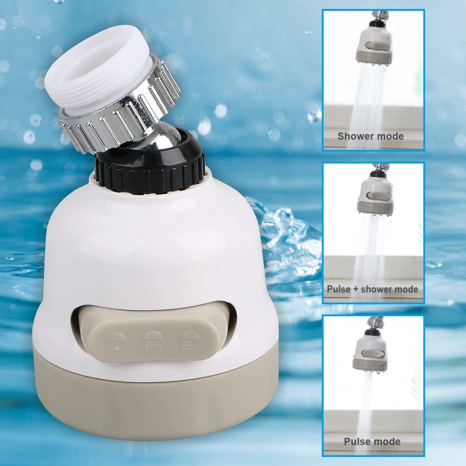 Water Saving Faucet Nozzle attached to a kitchen tap, showing its splash-proof design.