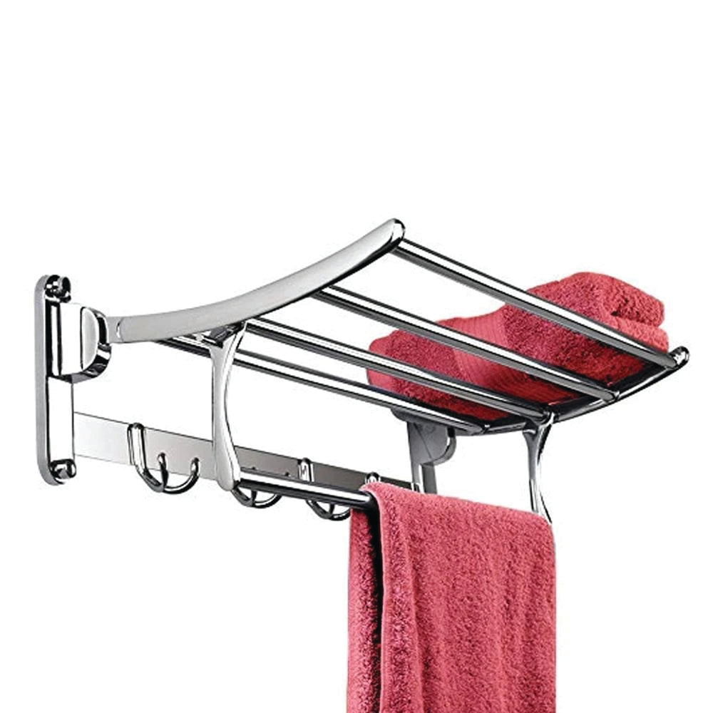 Stainless steel folding towel rack with 18-inch bar mounted in a modern bathroom.