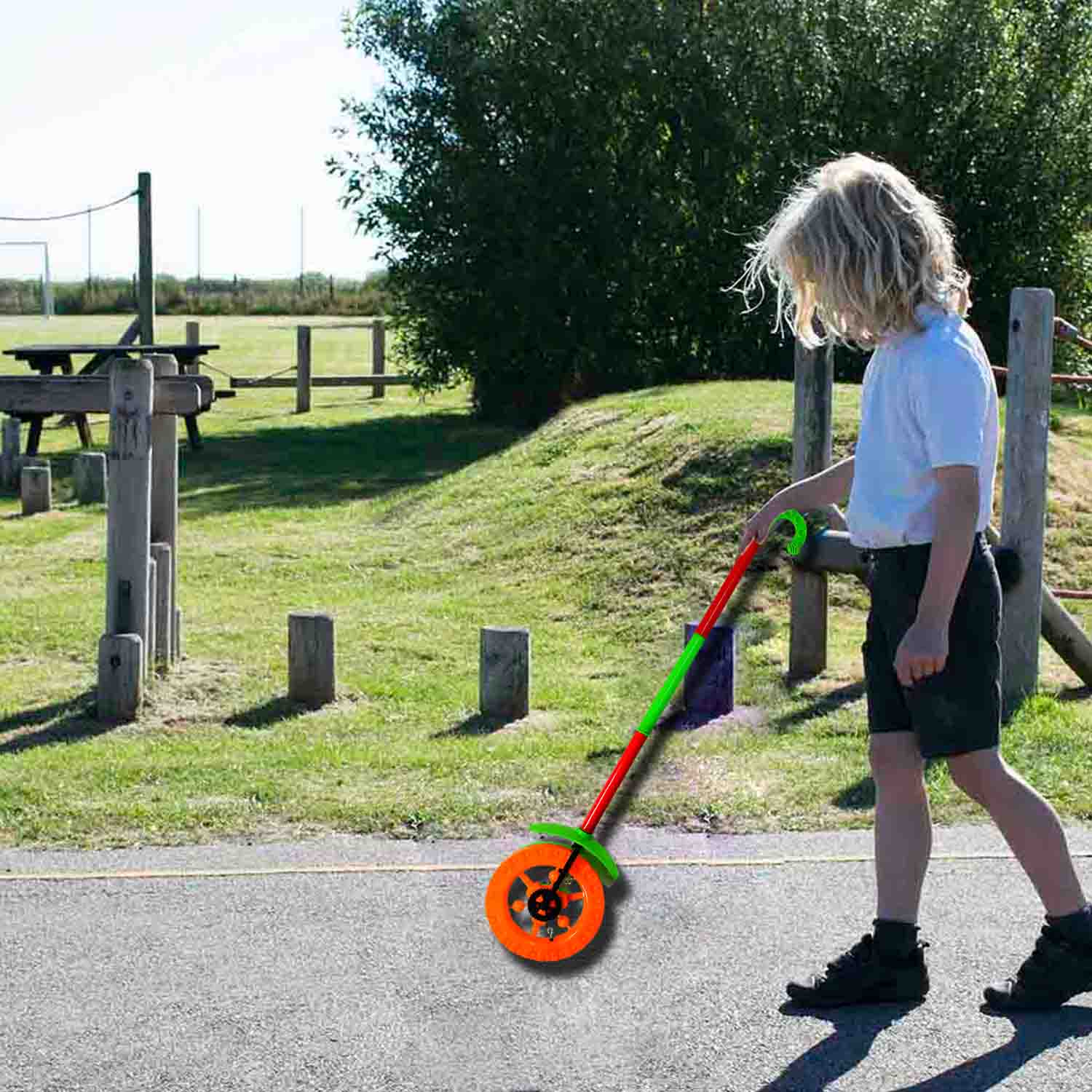 Vibrant plastic push run toy for kids with a single light-up wheel.