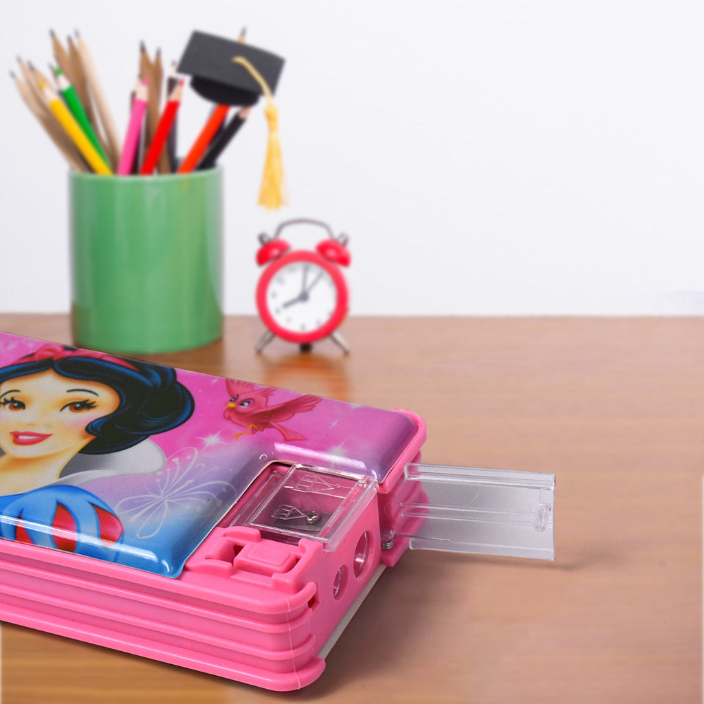 Overhead shot of an empty plastic kids pencil case, emphasizing its clean interior.
