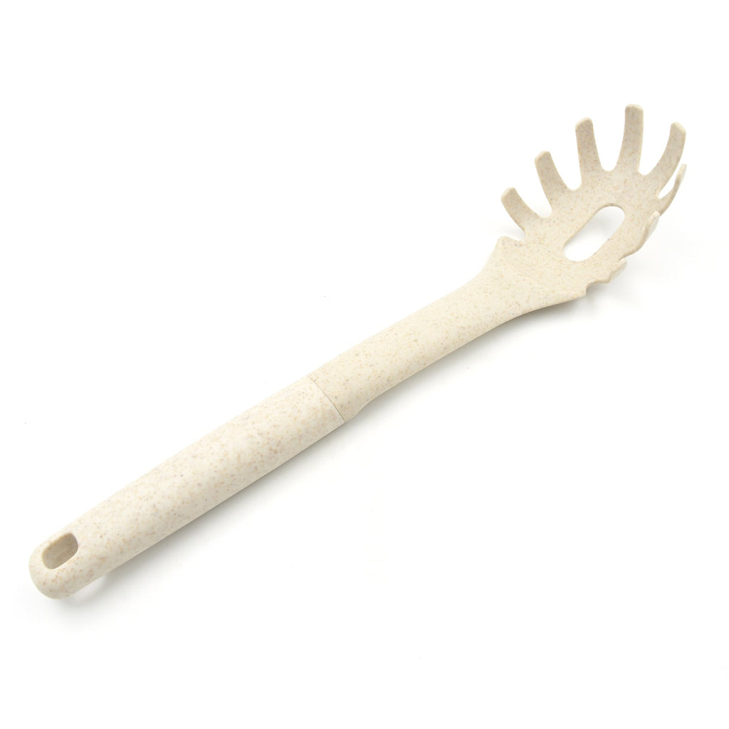 A plastic pasta server, highlighting its long handle for comfortable grip and heat resistance.