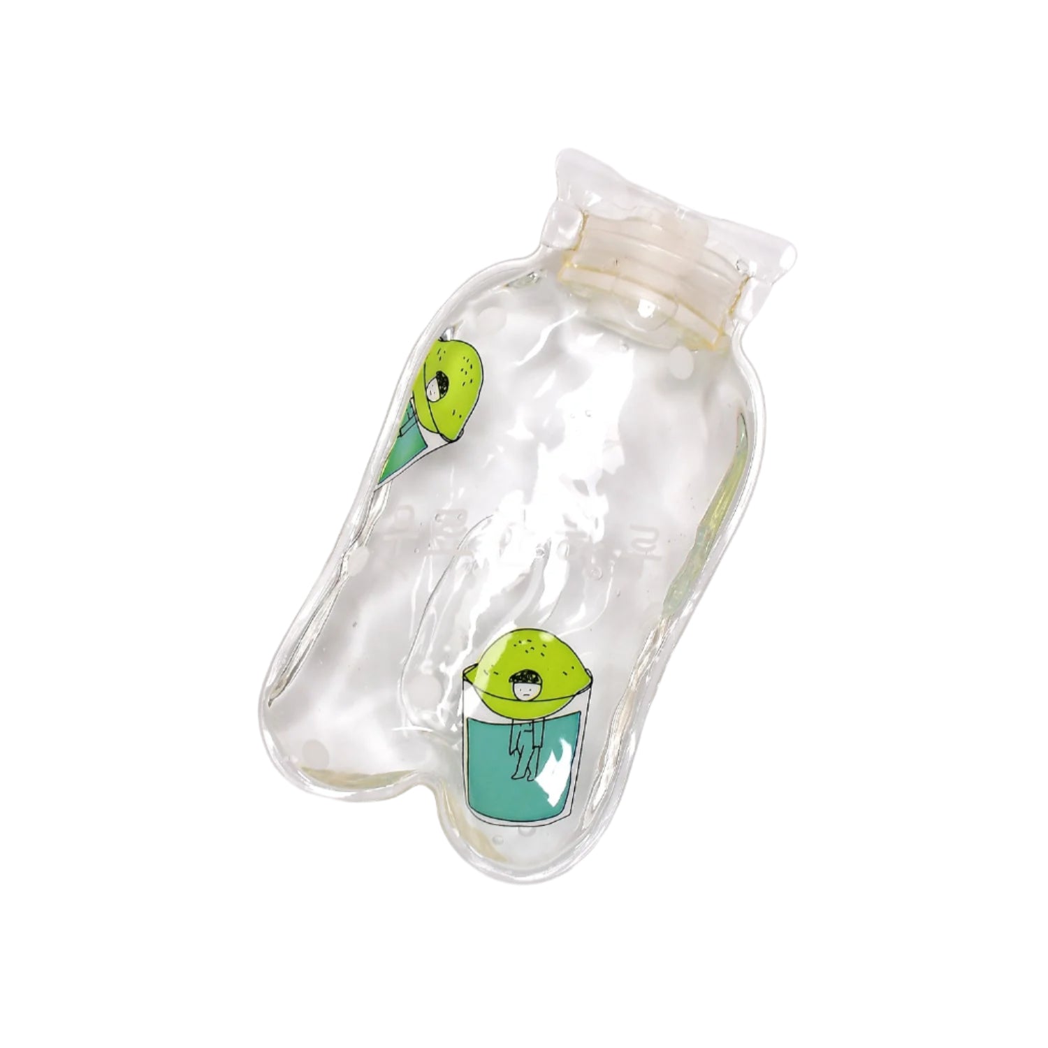 Closeup of the transparent, multi-design hot water bag with its soft cover.
