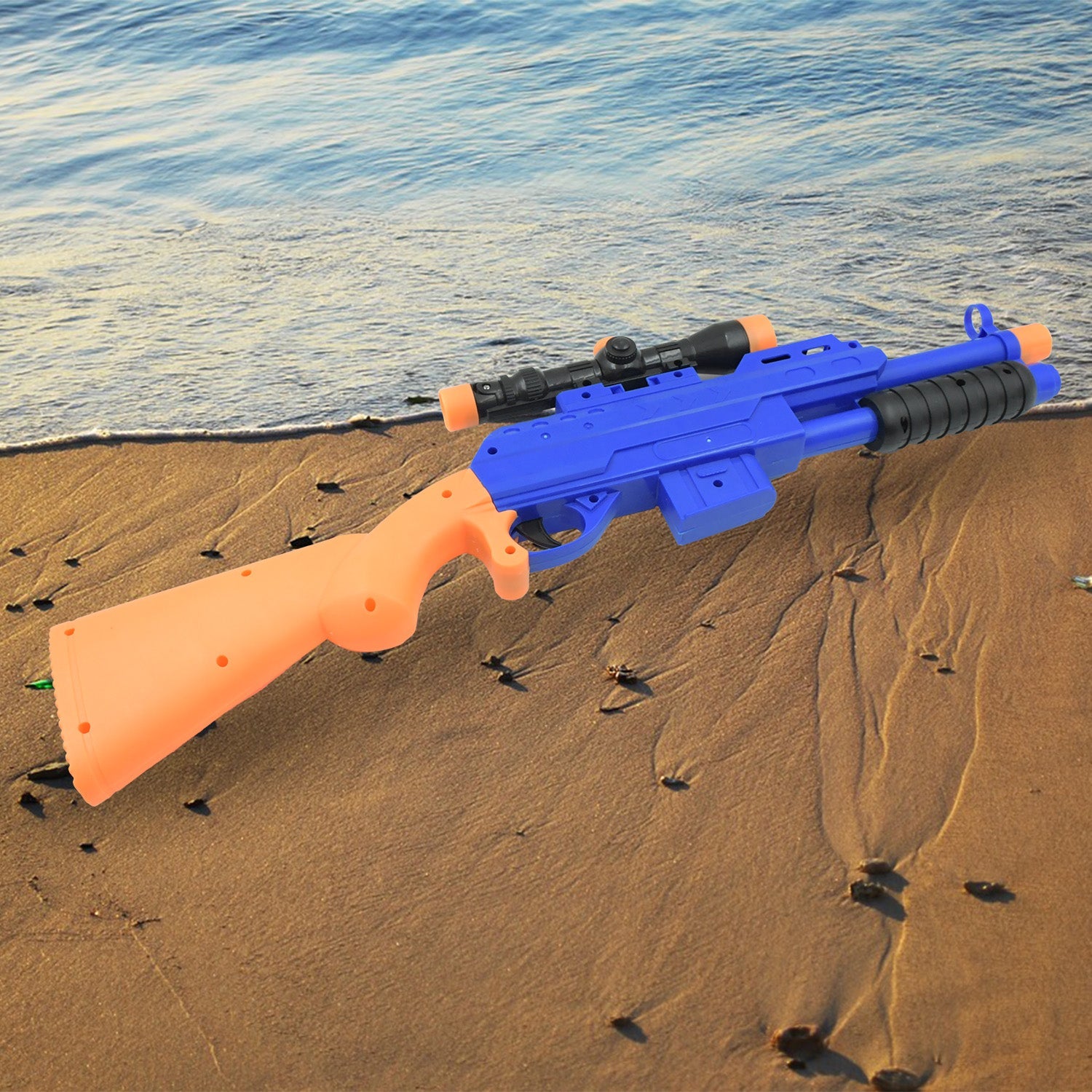 Contents of the toy gun set for kids, including the gun and multiple soft arrows.