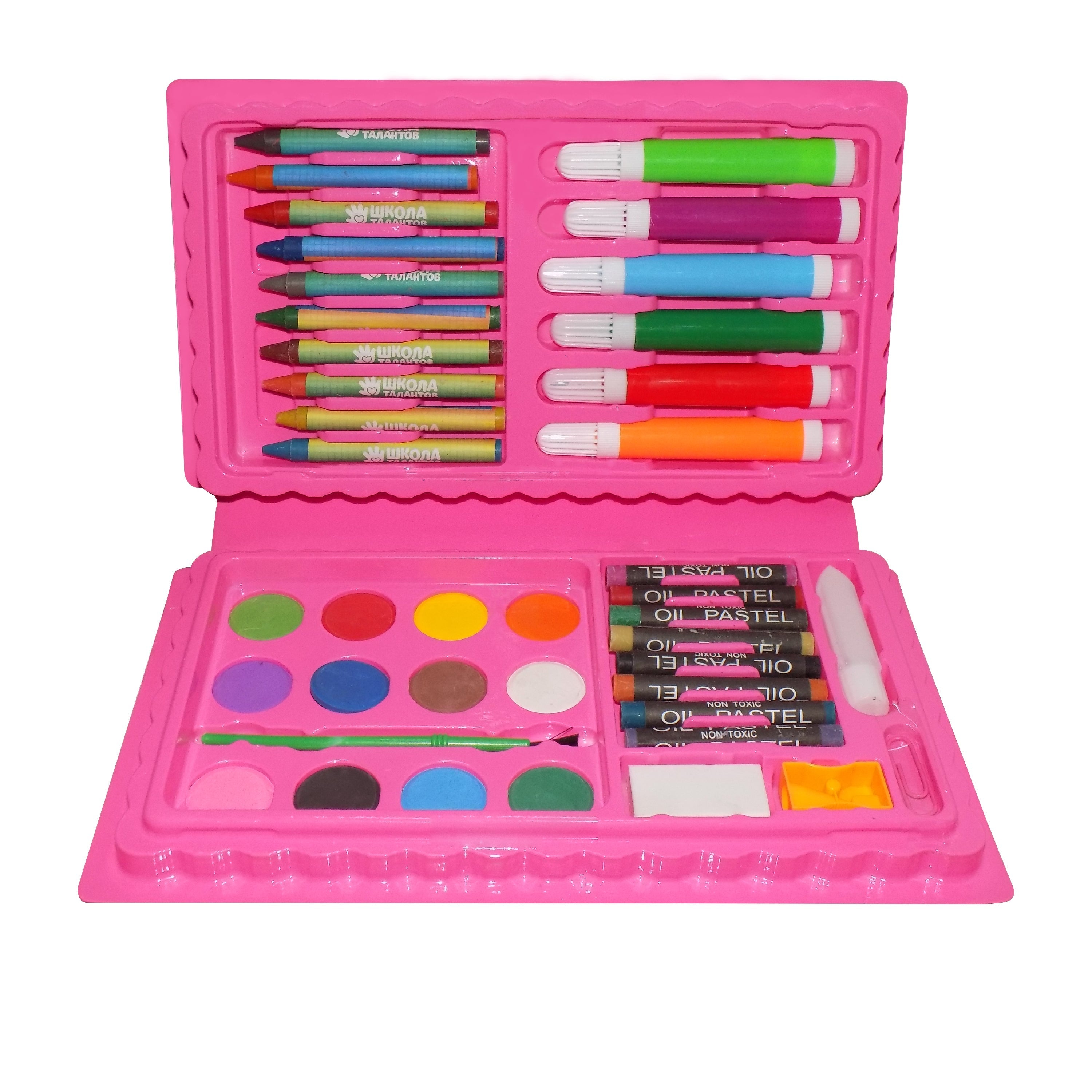 Vibrant art supplies from the Kids Art Kit, including colorful crayons and paints.